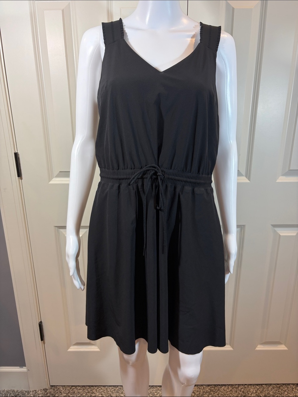 Athleta Black V-Neck Drawstring Waist Dress